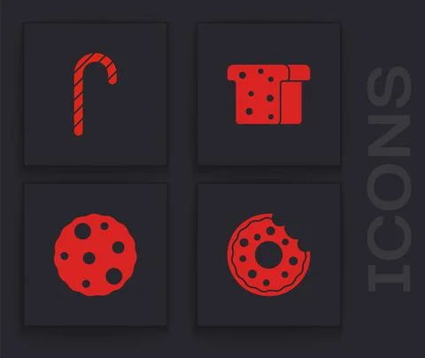 Set Donut, Christmas candy cane, Bread toast and Cookie or biscuit icon. Vector Illustrazione stock