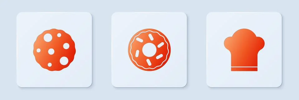 Set Donut, Cookie or biscuit and Chef hat. White square button. Vector Illustrazione stock