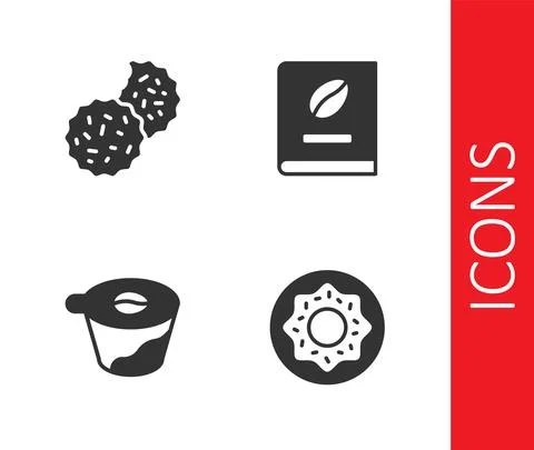 Set Donut, Cookie or biscuit, Pour over coffee maker and Coffee book icon Ilustração Stock