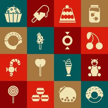 Set Donut, Jelly bear candy, Cherry, Cake, Ice cream, Cupcake and Candy icon Stock Illustration