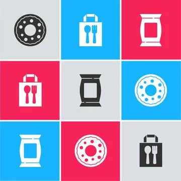 Set Donut, Online ordering and delivery and Bag packet potato chips icon. Vector Stock Illustration