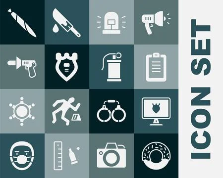 Set Donut, Police database, report, Flasher siren, badge, megaphone, Marijuana Stock Illustration