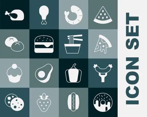Set Donut, Sausage the fork, Slice of pizza, Shrimp, Burger, Bread loaf, Roas Stockillustratie