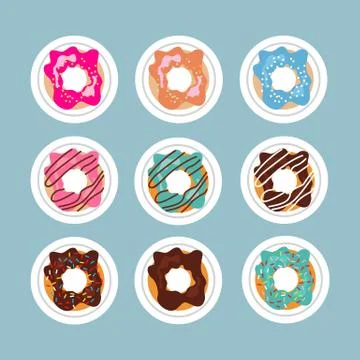 Set of donuts in cartoon style, vector illustration isolated on blue Stock Illustration