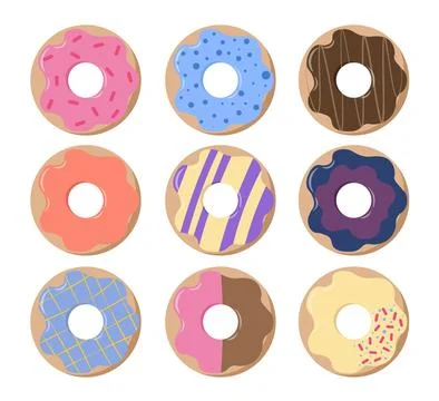 Set of donuts. Pack of donuts in various glaze top view. Pastry and bakery Stock Illustration
