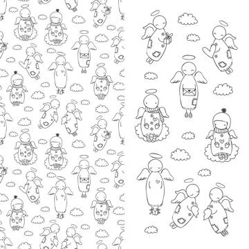 Set of doodle angels in the sky with clouds and seamless pattern Stockillustratie