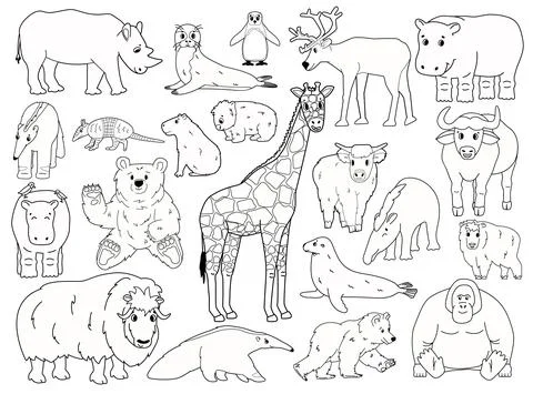 Set of doodle animals. Vector outline cartoon isolated graphic hand drawn Stock Illustration