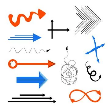 Set of doodle arrows. Abstract arrows, trendy vector objects orange, blue, black Stock Illustration