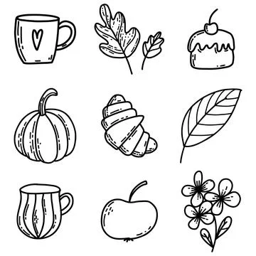 Set of doodle autumn elements isolated on white. Vector illustration of cup Stock Illustration