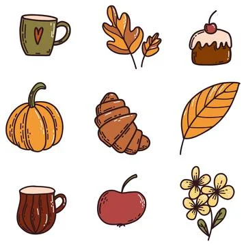 Set of doodle autumn elements isolated on white. Vector illustration of cup Illustrazione stock