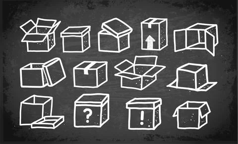 Set of doodle cardboard boxes on blackboard background. Vector sketch Stock Illustration