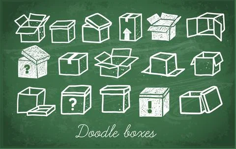 Set of doodle cardboard boxes on green chalkboard background. Vector sketch Stock Illustration