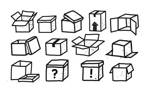 Set of doodle cardboard boxes on white background. Vector doodle sketch Stock Illustration