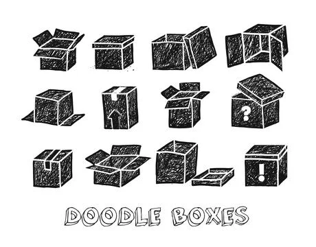 Set of doodle cardboard boxes on white background. Vector doodle sketch Stock Illustration