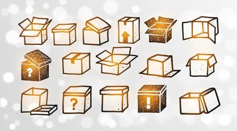 Set of doodle cardboard boxes on white glowing background. Vector sketch 스톡 일러스트