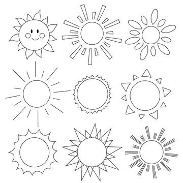 Set of doodle cartoon sun. Vector line art illustration, logo, childrens Stock Illustration