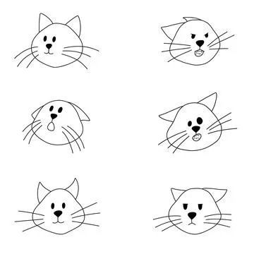 Set of doodle cat portrait. Different mood, expression of kitten, line animal Stock Illustration