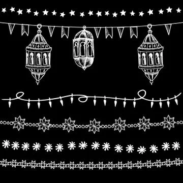 Set of doodle chalk garlands, illuminations, with stars, party flags and Arabic Stock Illustration