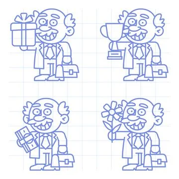 Set doodle character professor holding various objects part two Stock Illustration
