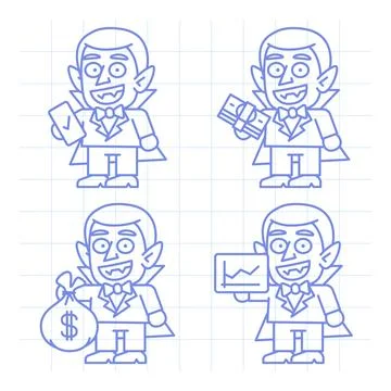 Set doodle character vampire holding various objects part three Illustrazione stock
