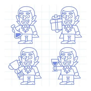 Set doodle character vampire holding various objects part two Illustrazione stock