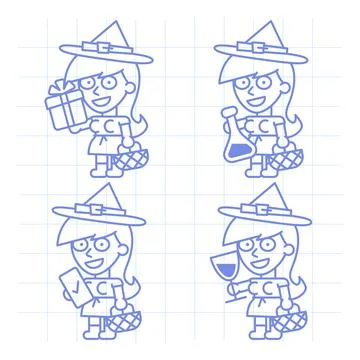 Set doodle character witch holding various objects part three Stock Illustration