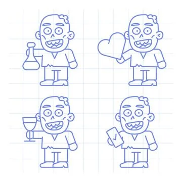 Set doodle character zombie holding various objects part one Stock Illustration