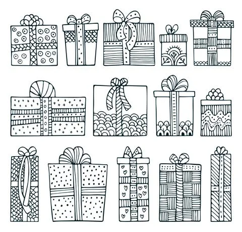 Set of doodle Christmas gift boxes isolated on white background Illustrazione stock