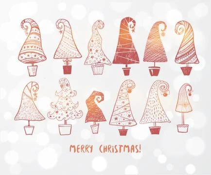 Set of doodle christmas trees on white glowing background. Illustrazione stock