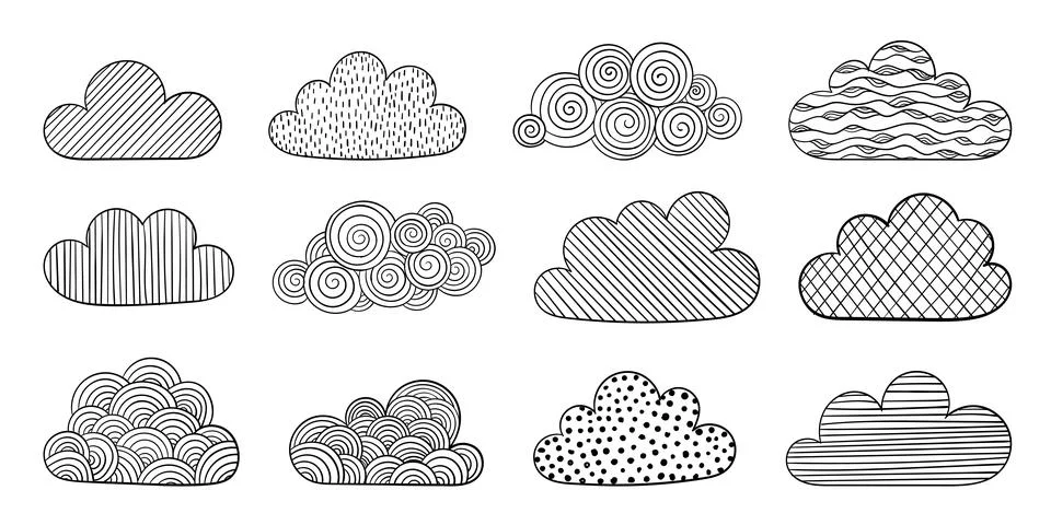 Set of doodle clouds. Isolated sketch. design background greeting cards and.. Illustrazione stock