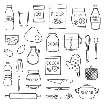 Set of doodle cooking, baking ingredients. Stock Illustration