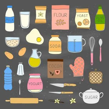 Set of doodle cooking, baking ingredients. Stock Illustration