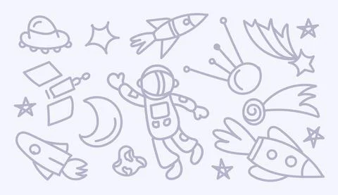 A set of Doodle cosmos illustrations, elements for any purpose. Spacecraft, p イラスト素材