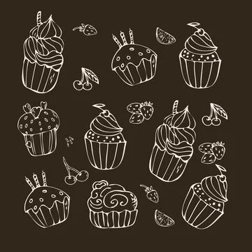 Set of doodle cupcakes and macaroons, strawberry and cherry, heart shapes on Stock Illustration