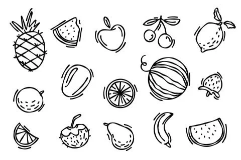 Set of doodle drawn doodle exotic fruits, slices of coconut and lemon. Cute.. Stock Illustration
