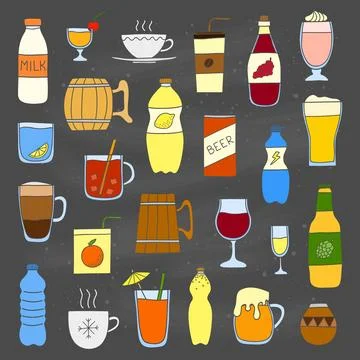 Set of doodle drinks. Stock Illustration
