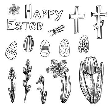 Set of doodle Easter decorations line art. Hand drawn vector illustration. Sp Stock Illustration