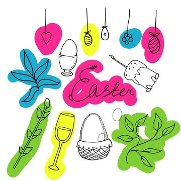 Set doodle easter hand drawing elements outline with color spots. vector illu Stockillustratie