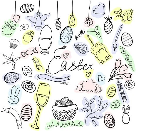 Set doodle easter hand drawing elements outline with color spots. vector illu Illustrazione stock