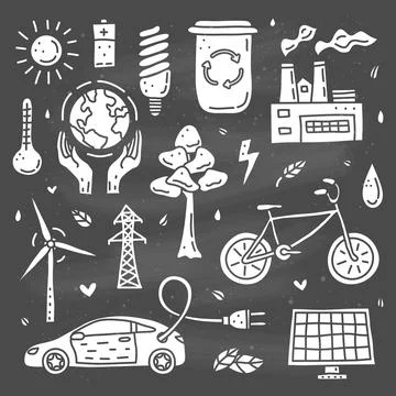 Set of doodle ecology and environment icons. Stock Illustration
