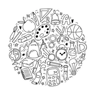 Set of doodle elements associated with school and knowledge in a circle. Back to Stock Illustration