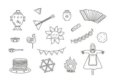 A set of doodle elements of pancake day. Vector illustration of icons of the  Illustrazione stock
