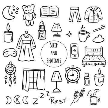 A set of doodle elements for sleep, rest time, comfort at night. Hand drawn Stock Illustration
