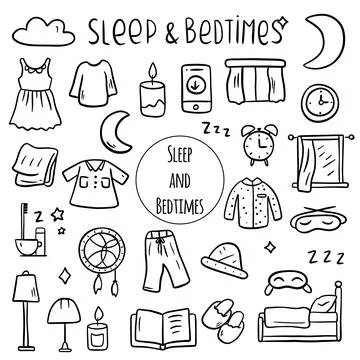 A set of doodle elements for sleep, rest time, comfort at night. Hand drawn Stock Illustration