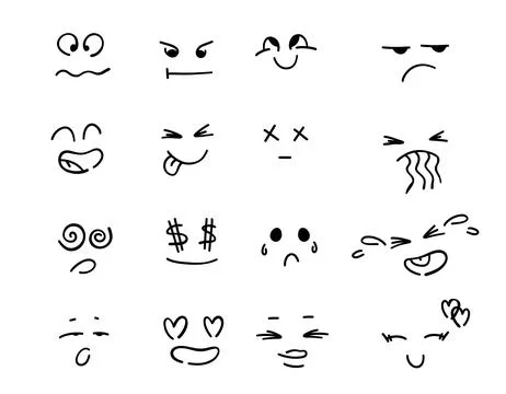 Set of doodle emotions faces cartoon. Doodle of cute emotions on a white ba.. Stock Illustration