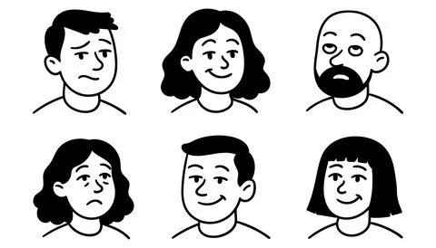Set of doodle faces with different facial expressions of men and women Stockillustratie
