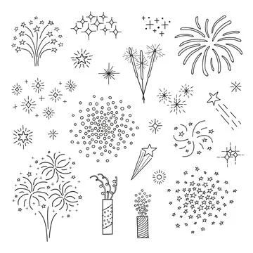Set of doodle fireworks. Stock Illustration