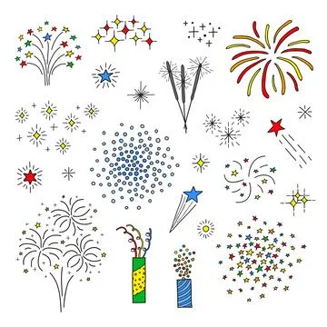 Set of doodle fireworks. Stock Illustration