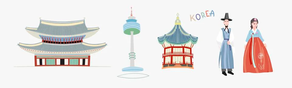 Set of doodle flat vector illustration of pagoda in Gyeongbokgung Palace, Seoul Stock Illustration