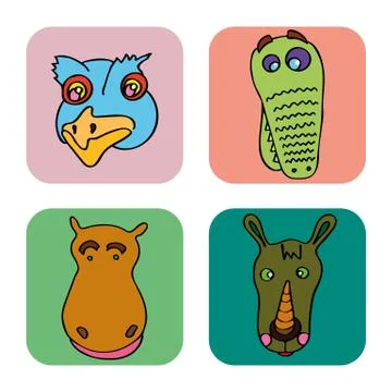 Set of doodle funny and cute animals Stock Illustration
